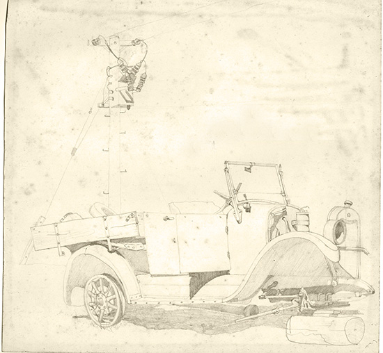 Old Ford baking in the sun. Kenebri NSW 1960s. Pencil on paper.