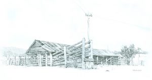 Pencil Drawing of the barn and yards at Raymond's farm.