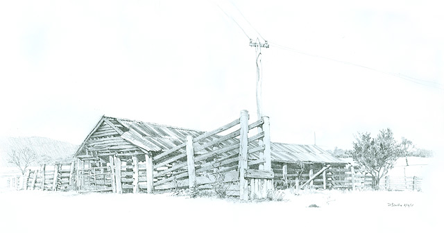 Pencil Drawing of the barn and yards at Raymond's farm.