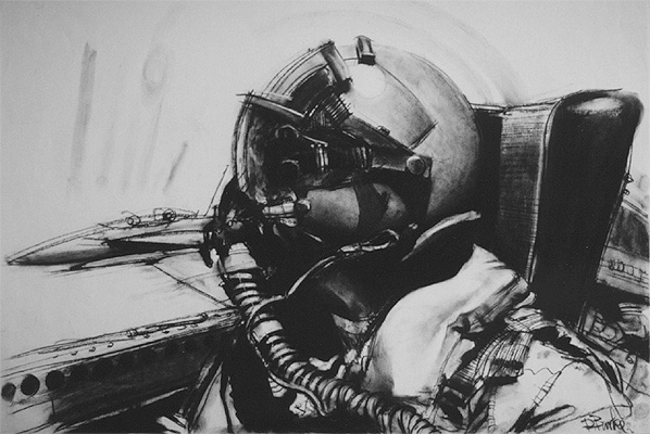 Jet Pilot, Charcoal on paper.