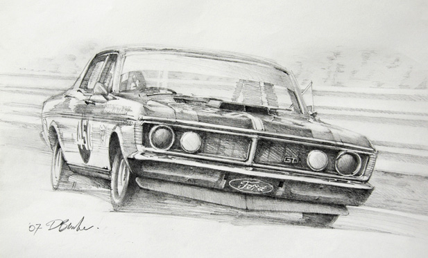 Allan Moffat's Ford GTO. Pencil on paper.